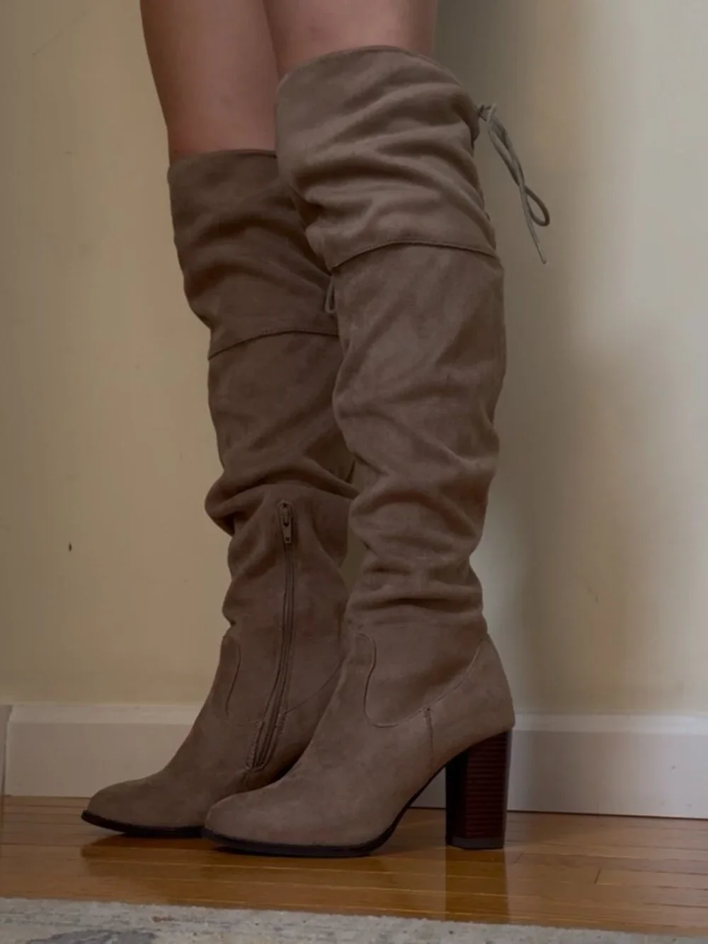 Taupe Slouch Knee-High Block Heel Boots
